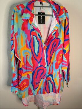 NWT Plus Size Colorful Abstract Print Button-Up Shirt/Swim Cover Up